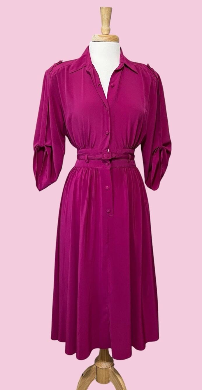 Candace by Ingrid Midi Shirt Dress Fuchsia Pink size 7/8 Vintage 80s Fit & Flare